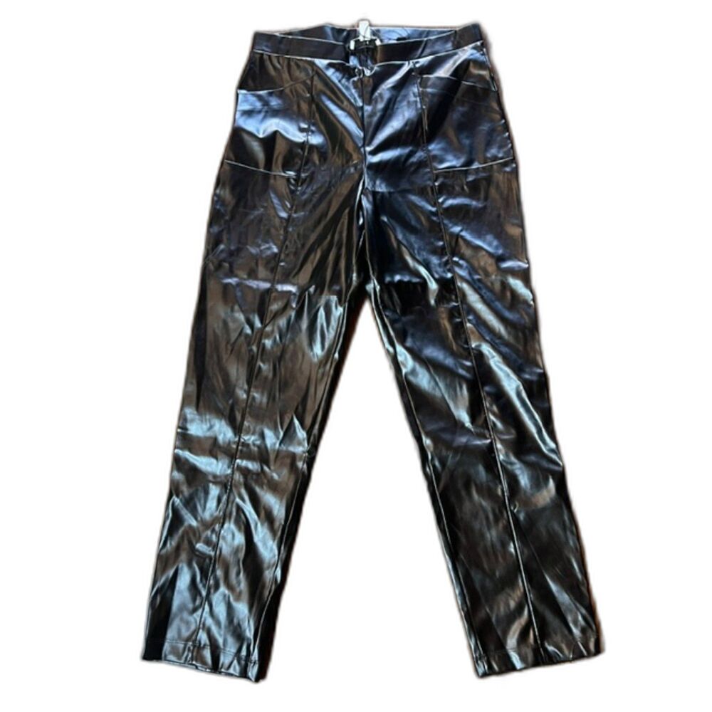 Halston Black Vegan Leather Pants Size Medium Straight Wide Leg High Rise